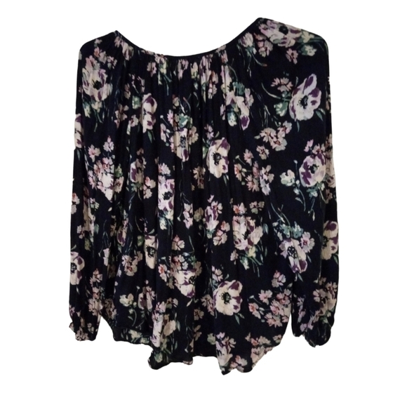 Dark Floral Print Peek a Boo Front Long Sleeved Peasant Tunic Style Top XL - Picture 5 of 9